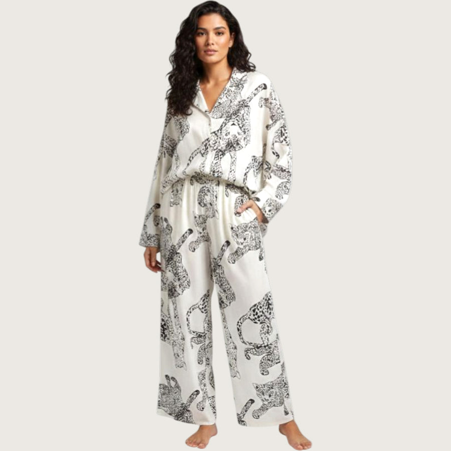 Tiger Print Ladies Pajama Set - White