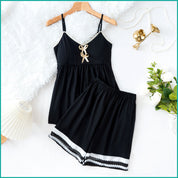 Black Cami and Shorts Set with Delicate Bow Detail and Lace-Trimmed Hem