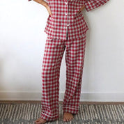 Checks Ladies Front Open Pajama Set - Red Grey