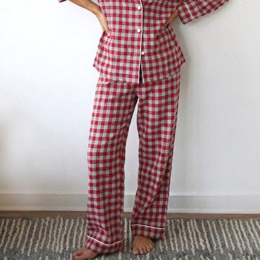 Checks Ladies Front Open Pajama Set - Red Grey