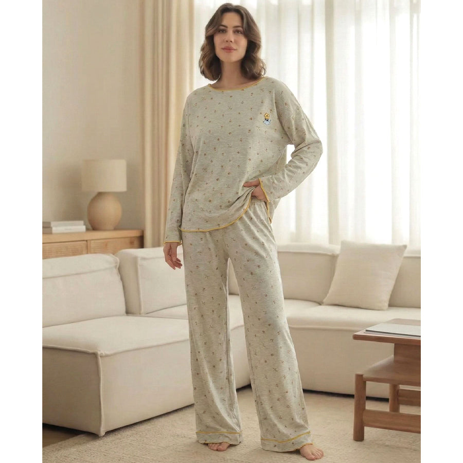Mini Cute Flower Ladies Loungewear Pajama Set - Grey