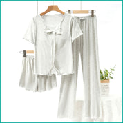 Bow Ladies 3 Pcs Set Loungewear Pajama Set - Light Grey