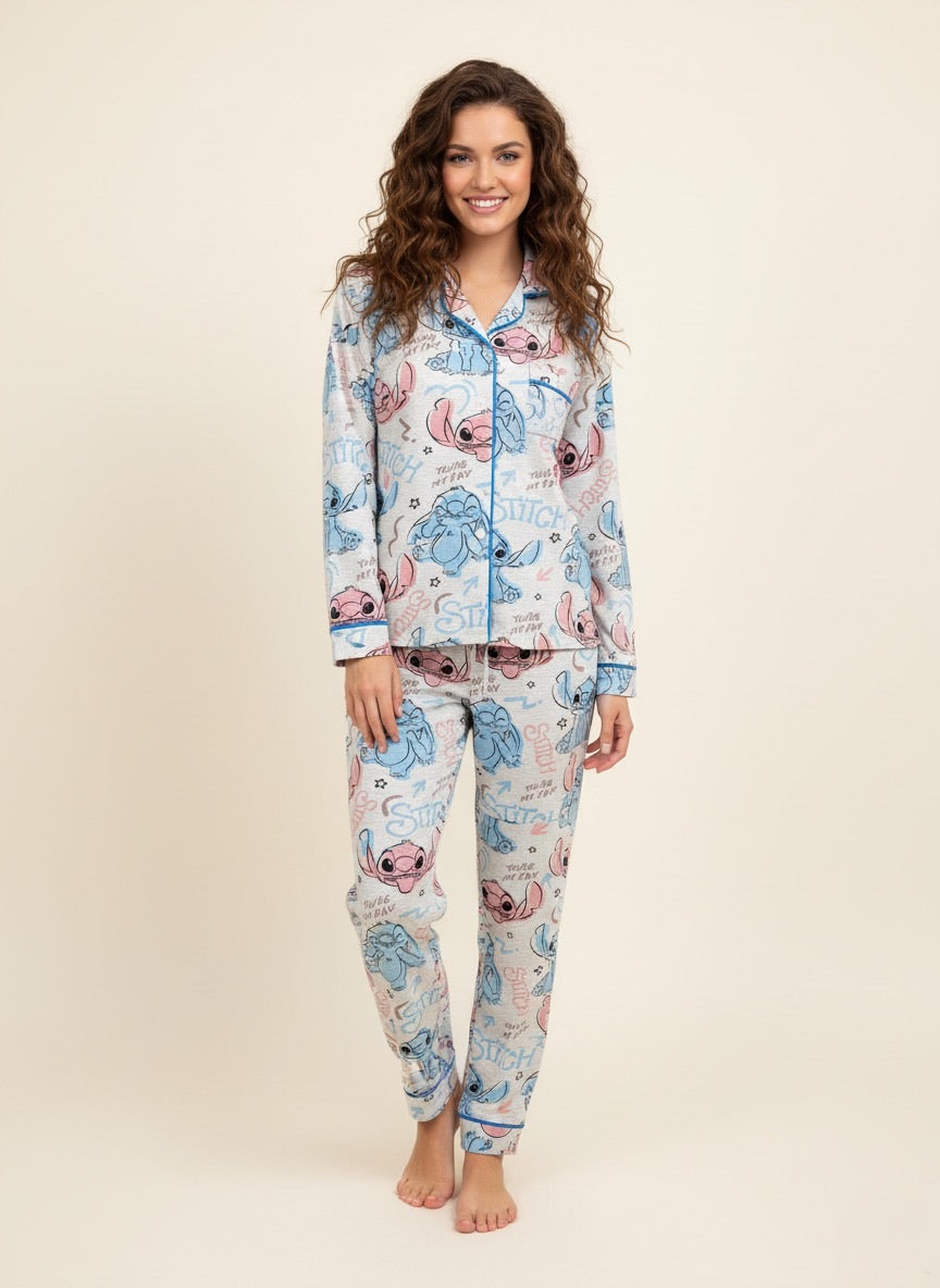 Fav Stitch Ladies Cotton Front Open Pajama Set - Grey
