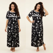 Ladies Cotton Nightgown with Lace Trim and Buttoned Neckline - Black