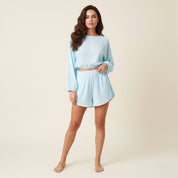 Line Ladies Crop Full Sleeves T-Shirt with Shorts - Sky Blue