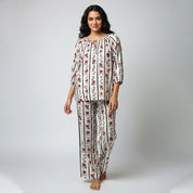 Floral line Ladies Linen Pajama Loungewear - White