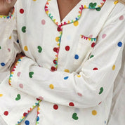 Dots Hearts Ladies Front Open Pajama Set - White