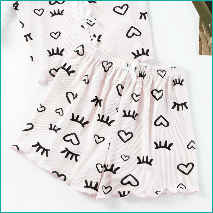 Love Ladies Crop Sleeveless T-Shirt with Shorts - Pink