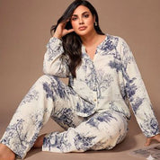 D Blue Design Ladies Front Open Pajama Set - White