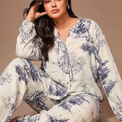 D Blue Design Ladies Front Open Pajama Set - White