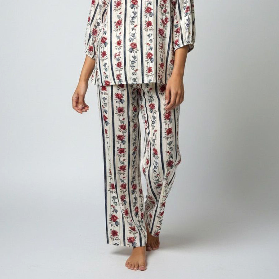 Floral line Ladies Linen Pajama Loungewear - White