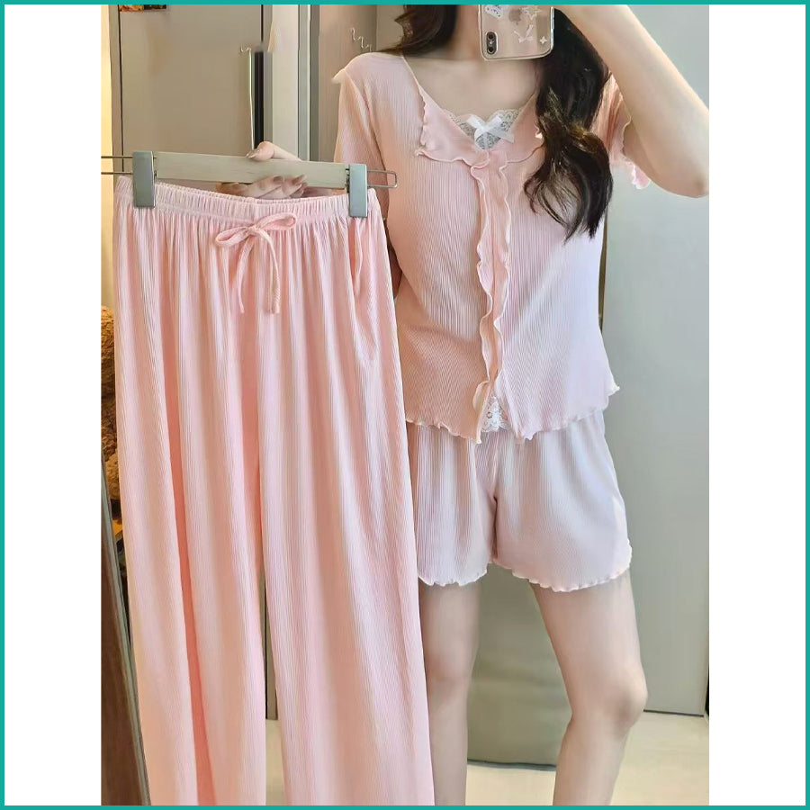 Bow Ladies 3 Pcs Set Loungewear Pajama Set - Pink