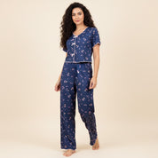 Tulips Ladies Crop T-Shirt Loungewear Pajama Set - Blue