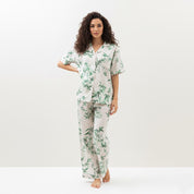 Leaves Ladies Linen Material Pajama Set - White