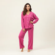 V-Neck Plain Full Sleeves Ladies Pajama Set - Hot Pink
