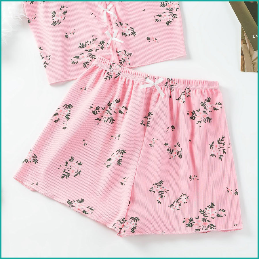 Floral Ladies Crop Sleeveless T-Shirt with Shorts - Pink