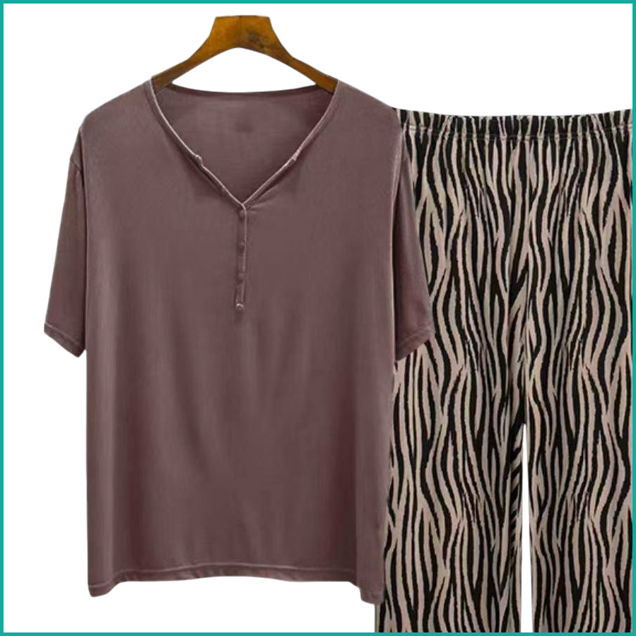Plain Strips Ladies Pajama Set - Brown
