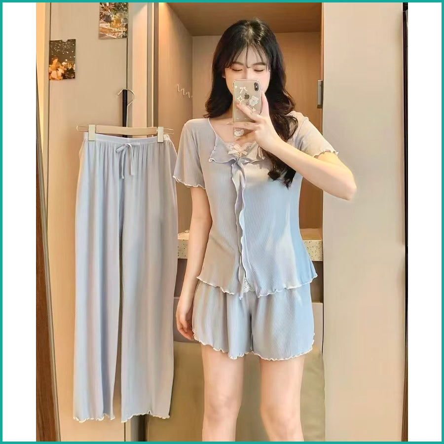 Bow Ladies 3 Pcs Set Loungewear Pajama Set - Blue