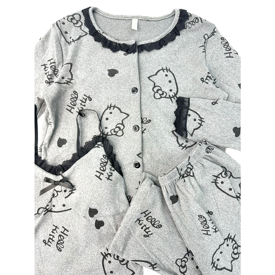 Hello Kitty Ladies 3 Pcs Pajama Set - Dark Grey