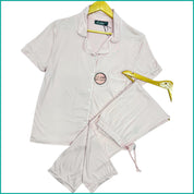 Plain Ladies Linen Front Open Pajama Set - Pink