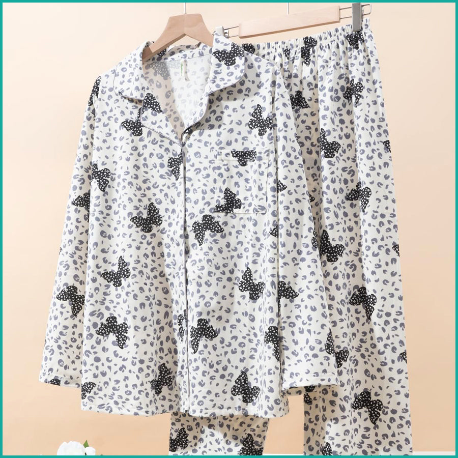 Short Bow Full Sleeves Pajama Set Fine Material - White
