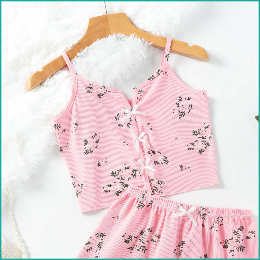 Floral Ladies Crop Sleeveless T-Shirt with Shorts - Pink