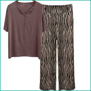 Plain Strips Ladies Pajama Set - Brown