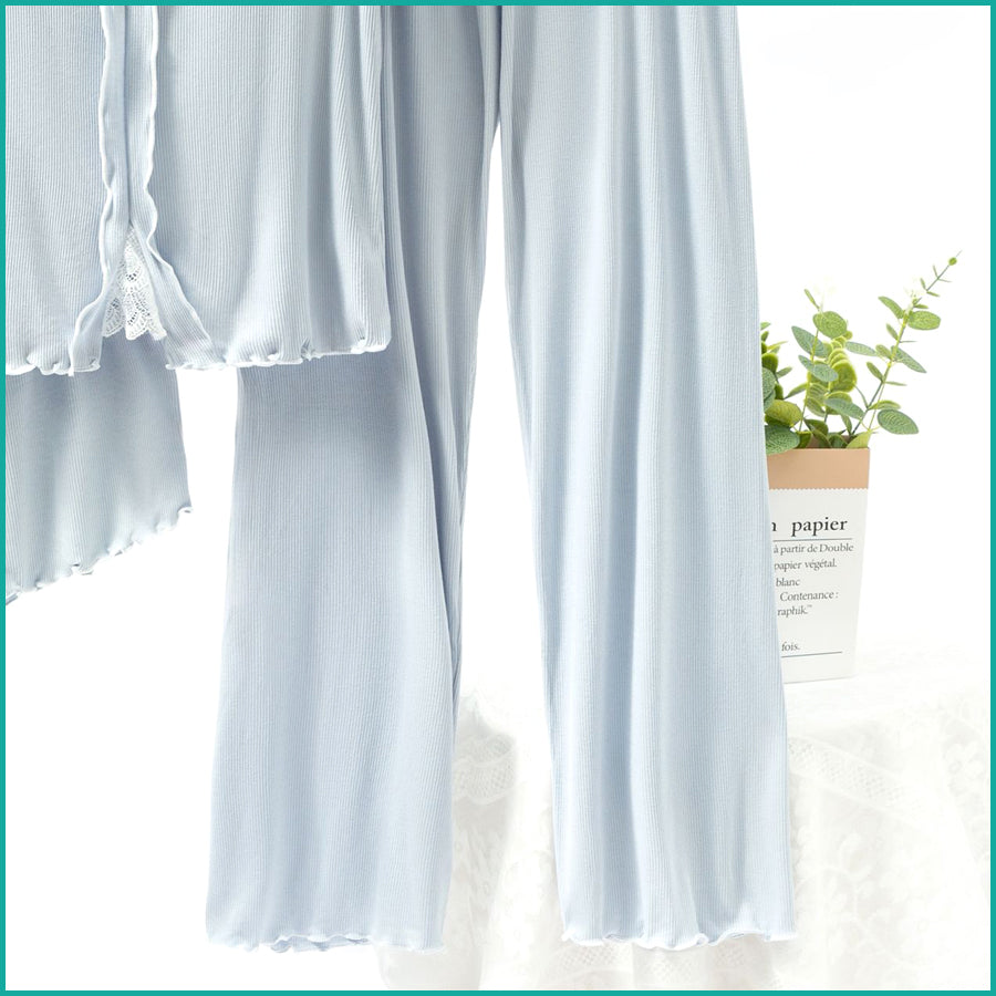 Bow Ladies 3 Pcs Set Loungewear Pajama Set - Blue