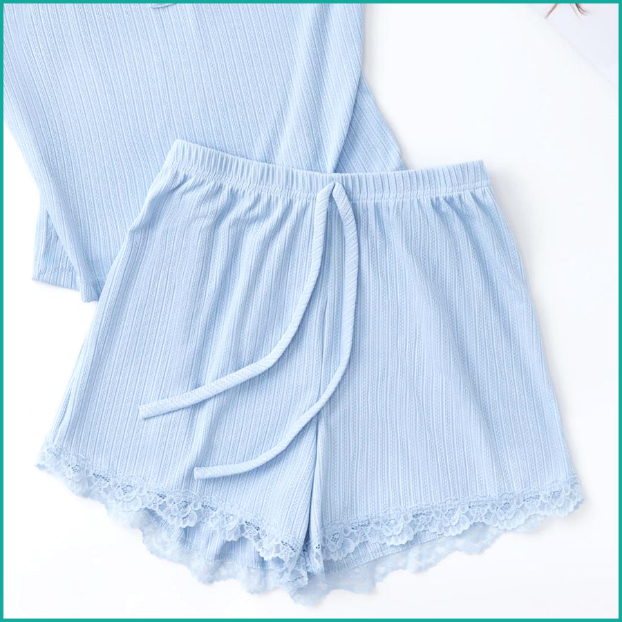 Plain 2 Buttons Ladies Shorts Set - Sky Blue