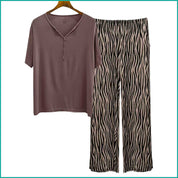 Plain Strips Ladies Pajama Set - Brown