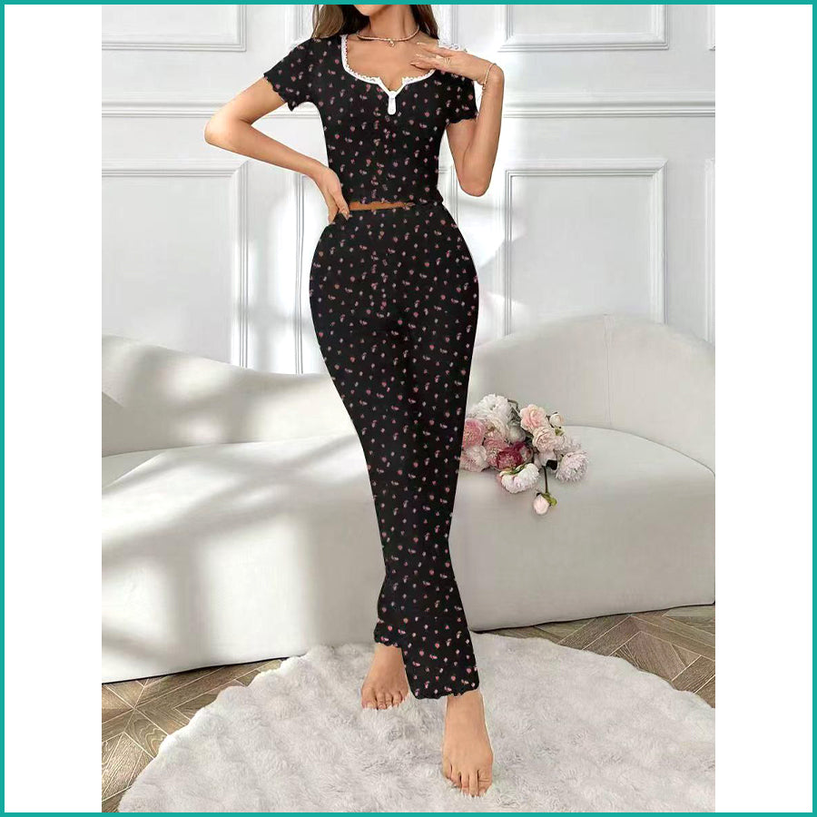 Mini Floral Ladies Loungewear Pajama Set - Navy