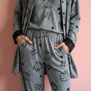 Hello Kitty Ladies 3 Pcs Pajama Set - Dark Grey