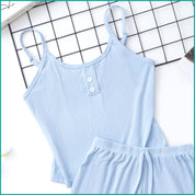 Plain 2 Buttons Ladies Shorts Set - Sky Blue