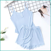Plain 2 Buttons Ladies Shorts Set - Sky Blue