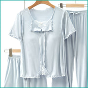 Bow Ladies 3 Pcs Set Loungewear Pajama Set - Blue