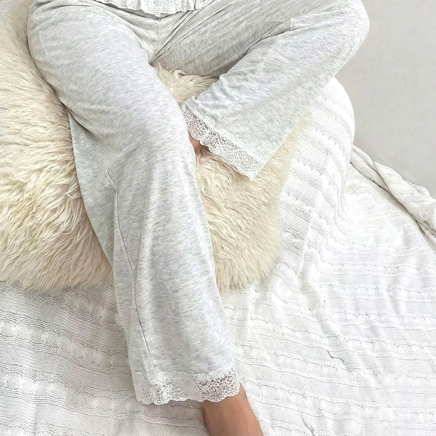Plain Cuff Ladies Loungewear Pajama Set - Grey