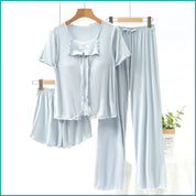 Bow Ladies 3 Pcs Set Loungewear Pajama Set - Blue