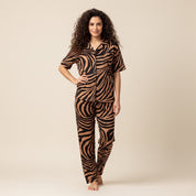 Zebra Print Ladies Front Open Pajama Set - Brown