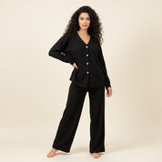 V-Neck Plain Full Sleeves Ladies Pajama Set - Black