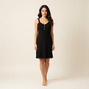 Ladies Soft Ribbed Knit Lilac Nightdress with Lace Trim and Button - Black