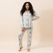 Leafs Full Sleeves Pajama Set Fine Material - White