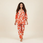 Floral Ladies Full Sleeves Pajama Set Viscos Fine Material - Orange