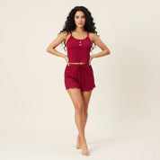 Plain 2 Buttons Ladies Shorts Set - Red