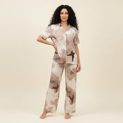 Leaves Ladies Linen Material Pajama Set - Grey