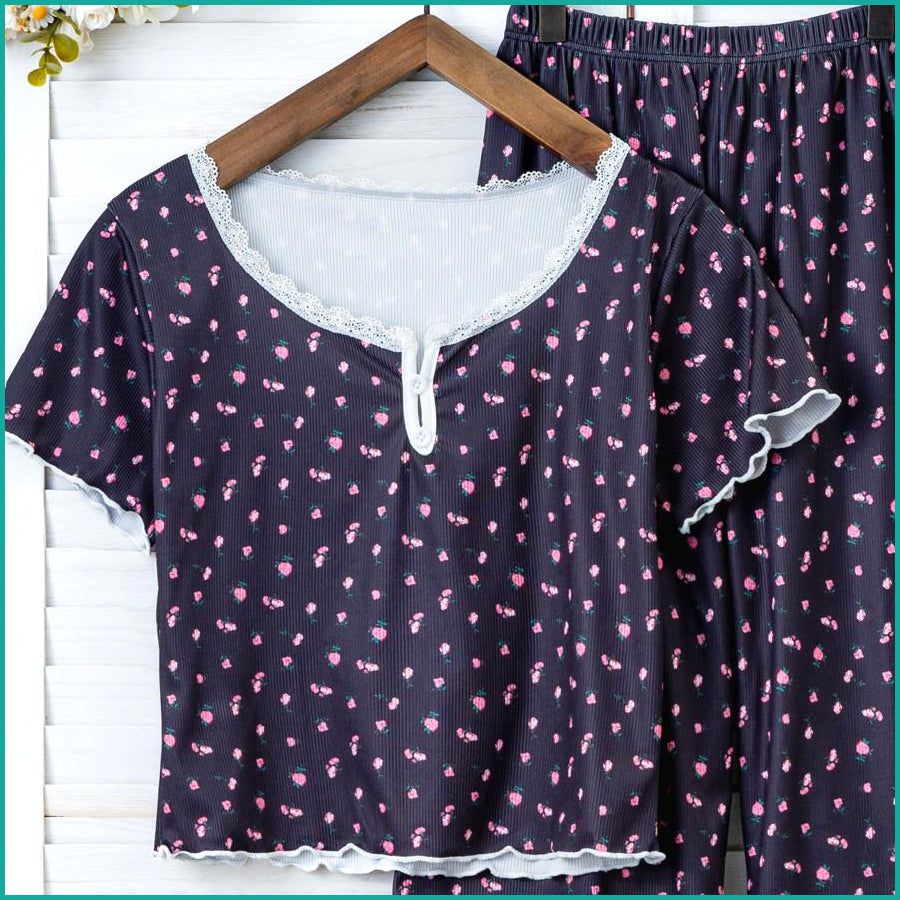 Mini Floral Ladies Loungewear Pajama Set - Navy