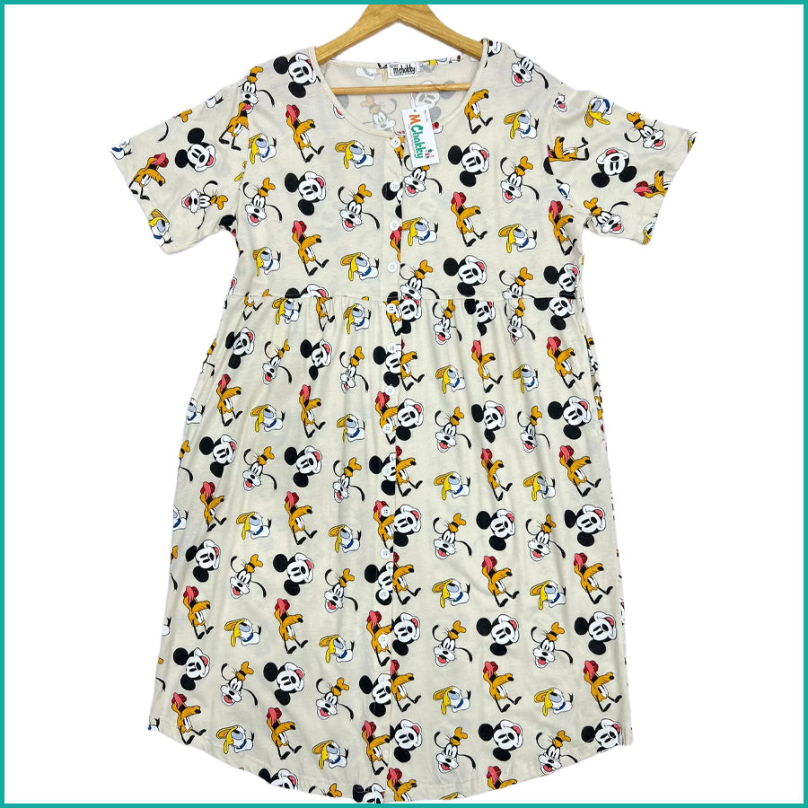 Mickey Ladies Front Open Cotton Dress - Cream
