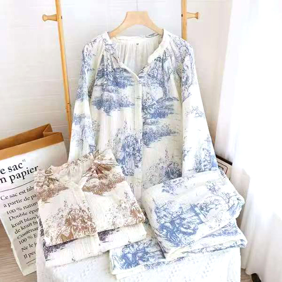 Blue Design Ladies Front Open Pajama Set - White