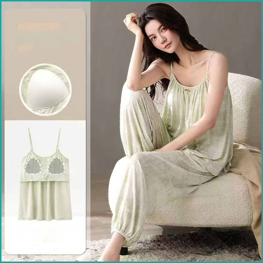 Tie-Dye lounge Set built-in Padded Camisole and Flowy Wide-Leg Pant - Light Green