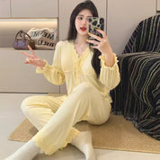 Plain Cuff Ladies Loungewear Pajama Set - Yellow