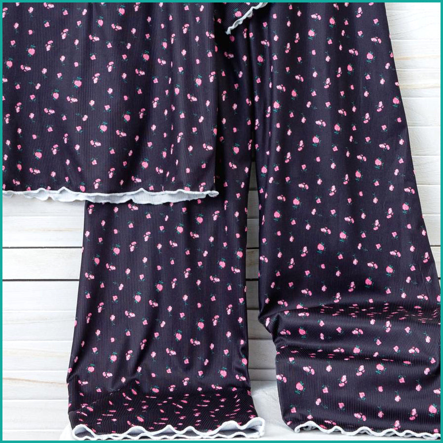 Mini Floral Ladies Loungewear Pajama Set - Navy